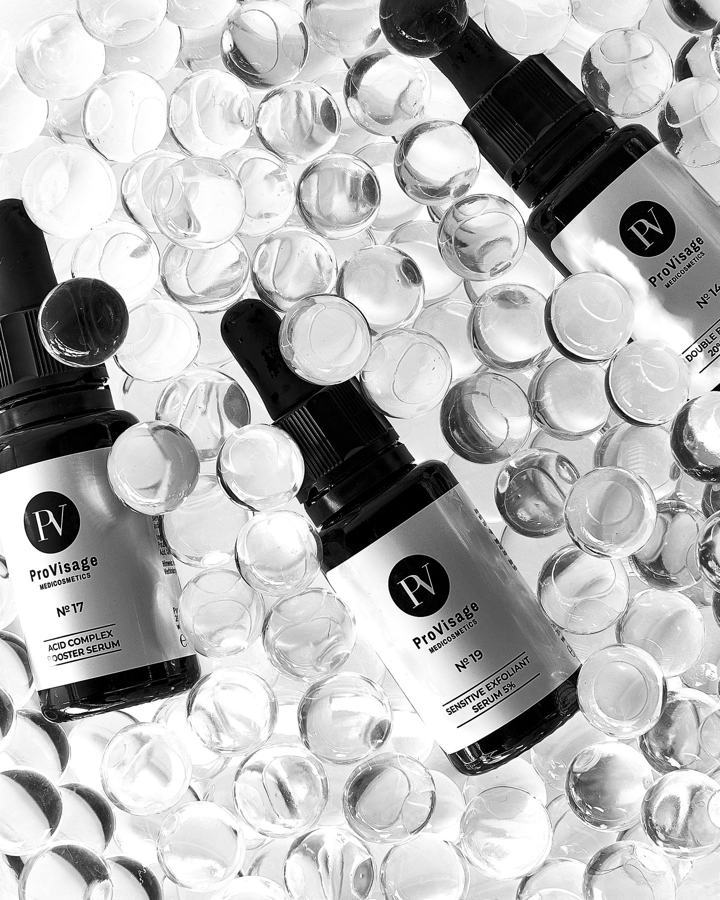 Skincare product, dropper bottles in glass beads