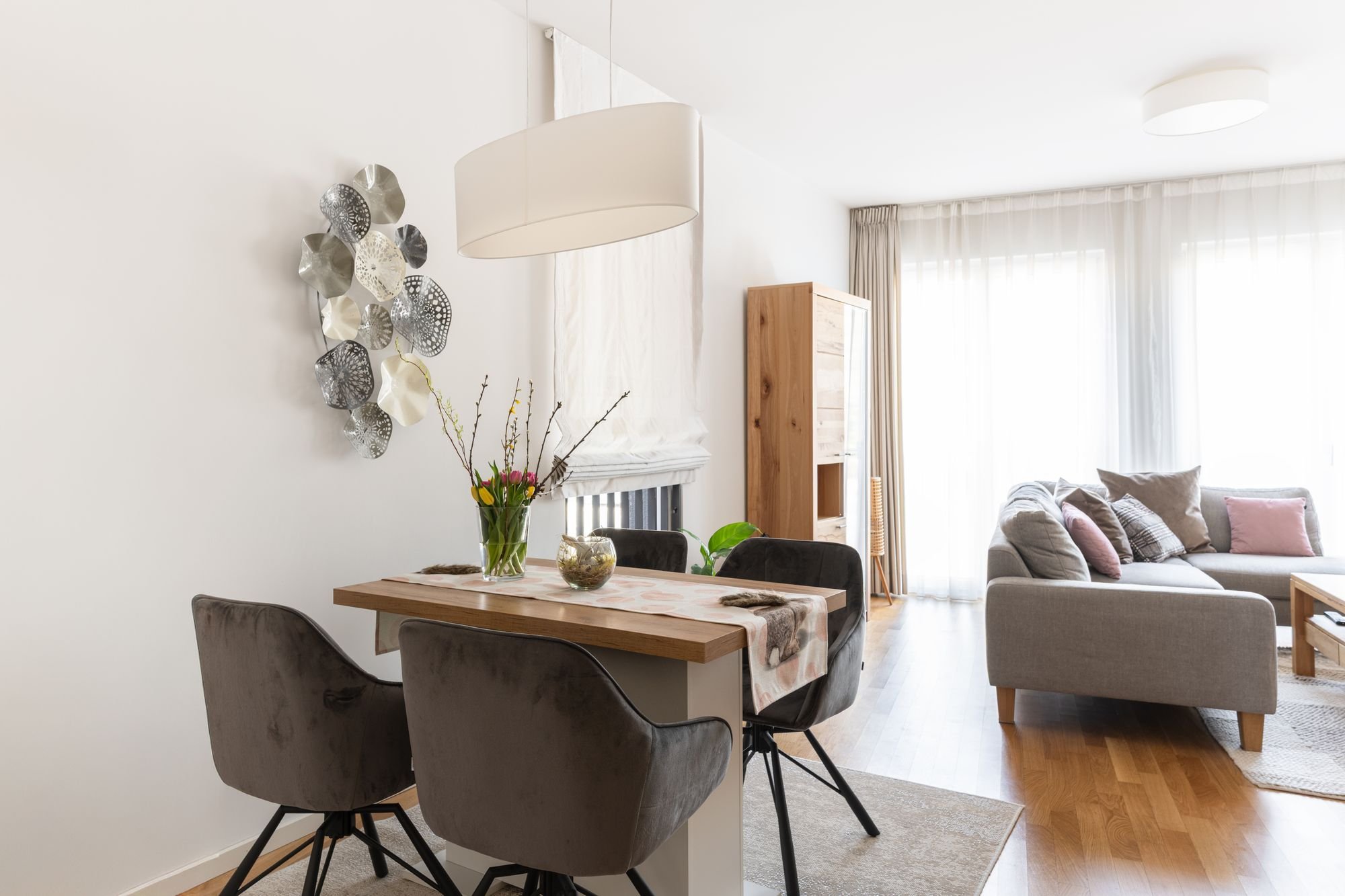 Light apartment, dining area and living room