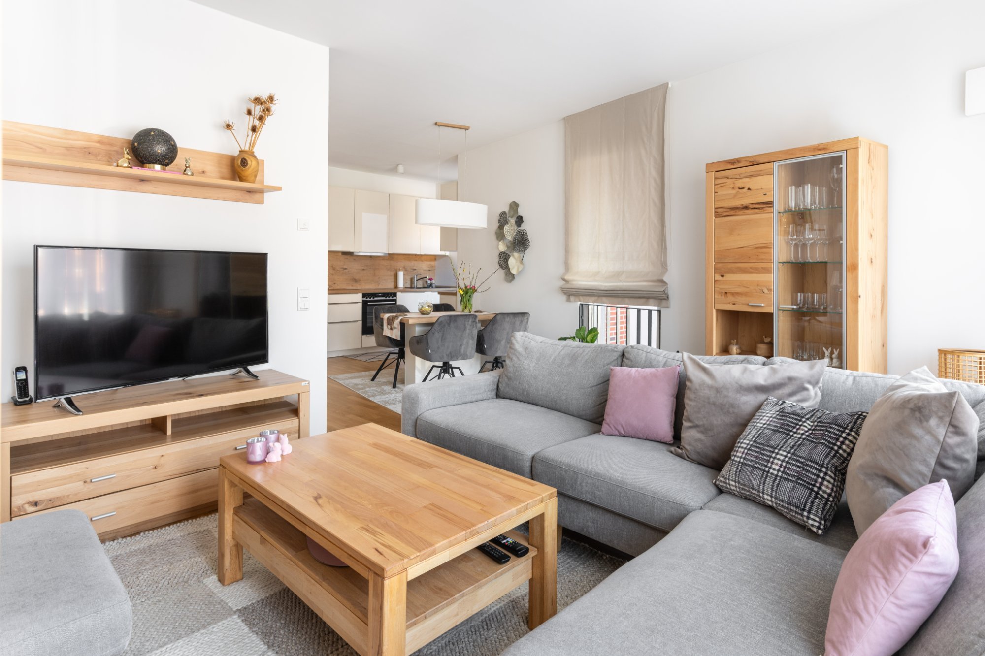 Light apartment, living room and open kitchen