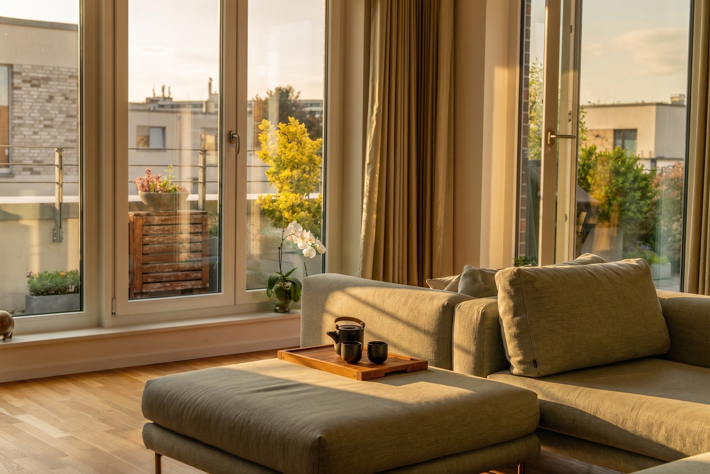 Sunlit apartment, living room seating with tea tray