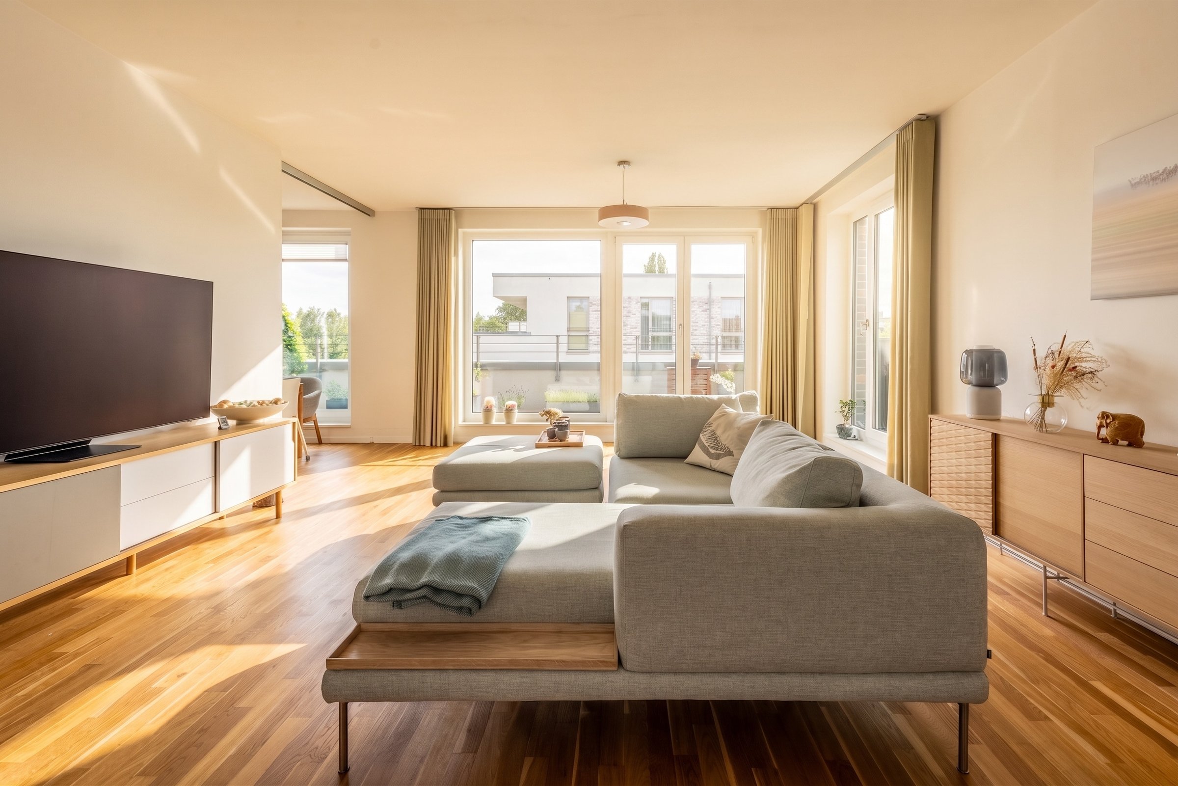 Sunlit apartment, living room with sectional sofa